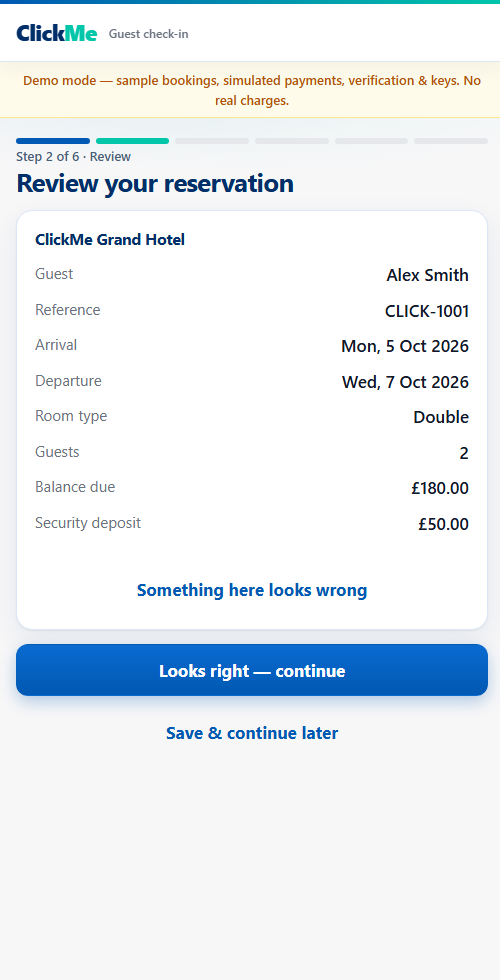 The ClickMe guest check-in screen on a phone, showing a reservation to review